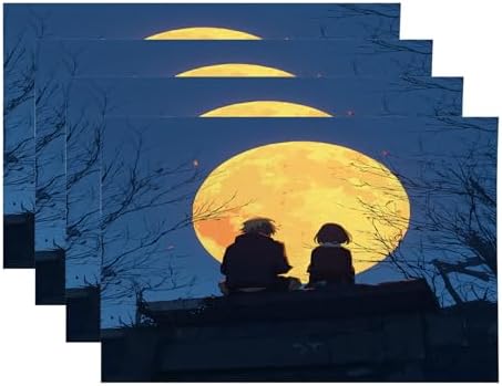 Romantic Evening Full Moon Linen Placemats, Moment Nighttime View Table Mats for Table Washable Heat Insulation Thick Dining Mat, Indoor/Outdoor 12X18 in 4 Pcs