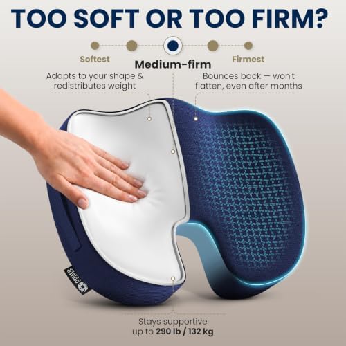 5 STARS UNITED Seat Cushion - Memory Foam Chair Cushion for Tailbone Pain Relief - Ergonomic Support for Coccyx, Sciatica & Butt - Office, Desk & Gaming Chair, Car Seat, Wheelchair, Airplane, Blue
