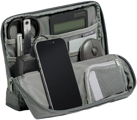 KOKUYO Pencil Case Pouch, Haco-Biz Standing Pen Pouch Bag, Foldable Stand up Pencil Holder Organizer, Large Capacity Portable Pencil Box for Office Supplies, Gray