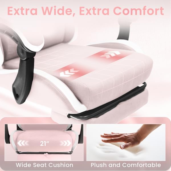 N-GEN GAMING Video Gaming Chair with Footrest Lumbar Support for Home Office High Back Recliner Height Adjustable Ergonomic Comfy Fabric Computer Desk Chair (Pink)