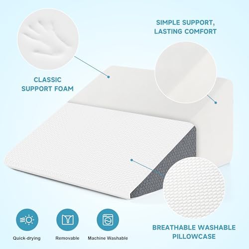 Yojoker Wedge Pillow for Sleeping - Bed Wedge Pillow for Headboard, High Density Foam Triangle Pillow for Elevated Sleeping, Snoring, Post Surgery Support, Back & Leg Elevation, White Grey, 7.5 Inch