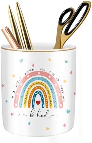 Pen Holder, Ceramic Durable Pencil Cup for Desk， Simple&Modern Style Makeup Organizer, Cute Multifunctional Office Supplies for Home, Kids and School, Rainbow Pattern