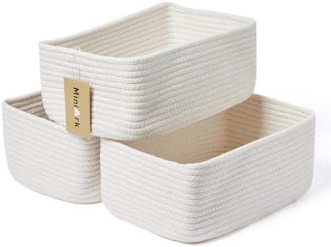 MiniArk Small Storage Baskets for Organizing | Closet Organizer Bins | Shelf Toy Basket | Woven Rope Baskets | Cube Decorative Box | Shallow Basket | 11.5x7.5x4.7” | 3 Packs Off White