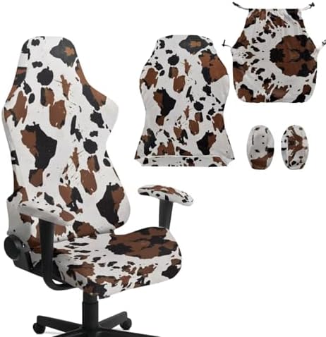 Cow Print Gaming Chair Cover with Armrest Cover 4 pcs Set Zippered Stretchable Slipcover Cat Proof Scratch Resistant Wastern Universal Rotating Desk Chair Protector