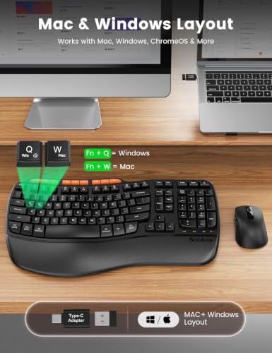 Ergonomic Wireless Keyboard and Mouse Combo, Full Size Wave, Natural Typing