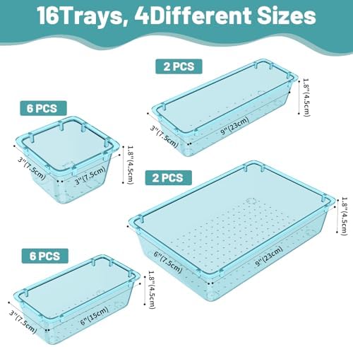 WOWBOX 16 PCS Plastic Drawer Organizer Set, 4 Sizes Desk Drawer Organization and Storage Containers for Makeup, Cosmetics, Jewelry and Gadgets in Kitchen, Bathroom, Bedroom, Office, Clear Sea Blue