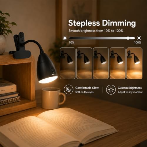 5000mAh Rechargeable Clip on Light, LED Reading Light, 3 Color Modes & Stepless Dimming, Cordless Reading Lamp with Clamp for Bed, Desk, Bedside Table, Camping