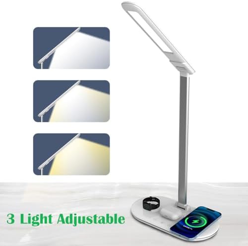 IHAO 3in1 Wireless Charging Eye-Care Desk Lamp 15W Fast Charging Station for Phone, Smartwatch & Earbuds, Touch Control Dimmable LED Light Adjustable Gooseneck, Modern Office Table Lamp-HYT2096 White