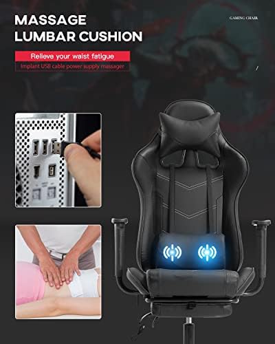 PU Leather Ergonomic Gaming Chair with Massage, Lumbar Support, Footrest and Armrest - Big and Tall, Racing Style for Adults Gaming Work Study