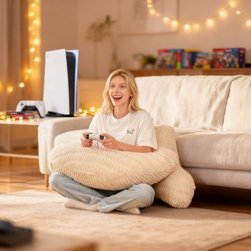 19" Reading Pillow for Bed,U Shaped Arm & Elbow Support,White Corduroy