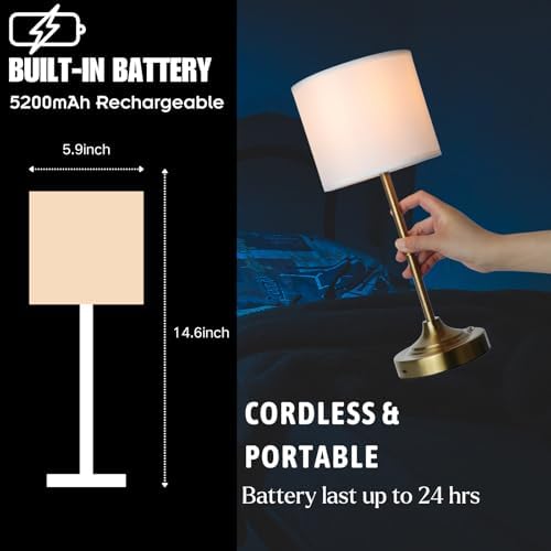 HAPYGI Portable Cordless Table Lamp,Built-in 5200mAH Rechargeable Battery, Dimmable Touch Wireless Light, Bed Side Metal Desk Lamp，Restaurant/Bedroom/Bar/Coffee/Night Light (Antique Brass)