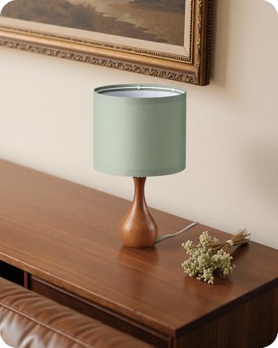 Green Table Lamp, 14.2" Small Bedside Lamp, Wood Table Lamp with Green Linen Lampshade & Dark Wood Base, Modern Nightstand Lamp for Bedroom, E26 Base, Bulb Not Included, LJ09TL05