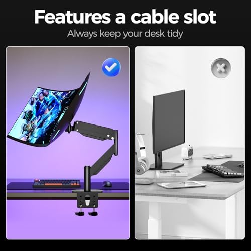 Suptek Single Monitor Arm for 27–49 Inch Ultrawide Large Screen Monitors, Gas Spring Desk Mount with Tilt Swivel, VESA 75/100, Supports 48.5 lbs, Clamp & Grommet, MD71PRO
