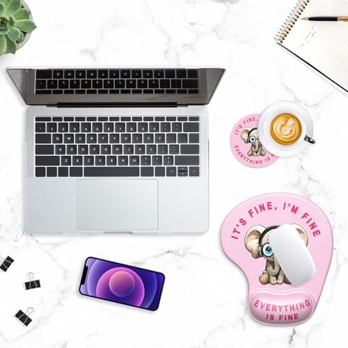 ITNRSIIET Ergonomic Mouse Pad Coaster Set with Gel Wrist Support Wrist Rest Smooth Surface Non-Slip PU Base Comfortable Office Supplies Pain Relief, 9.5 x 8.3 inches, Pink Pretty Elephant