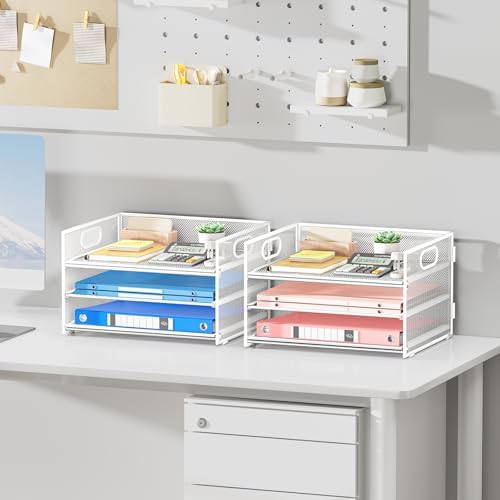 Paper Organizer with Handle,2P-3 Tier Letter Tray White Desk Organization