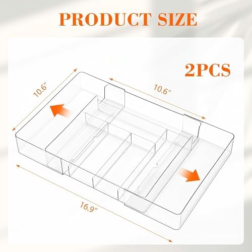 Briwooody 2 Pcs Expandable Drawer Organizer, Clear, 8 Compartments