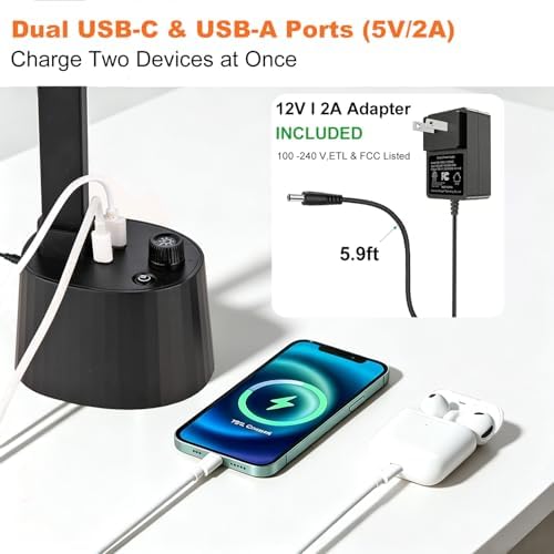 Desk Lamp for Home Office, Small LED Desk Lamp with USB C Charging Port