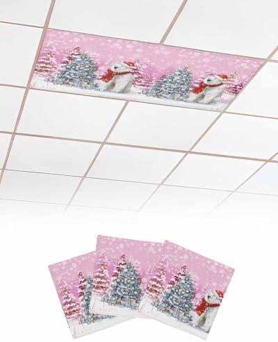 Pink Christmas Magnetic Fluorescent Light Covers for Ceiling Lights 2 x 4 Feet,Snowflakes Retro Snowy Xmas Tree Bear Office Classroom Kitchen Drop Ceiling Light Covers Filters Shade Panel 3 Packs