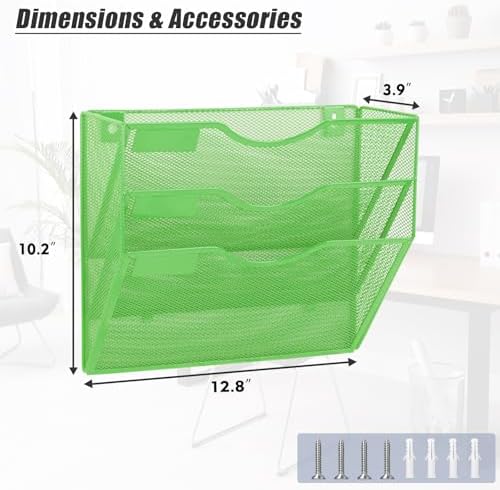 EASEPRES 3 Pocket Mesh Hanging Wall File Organizer, Wall Mounted Mail Paper Document Folder Holder, Clipboard Storage Organization Magazine Rack with Nametag Label for Office Home School, Green