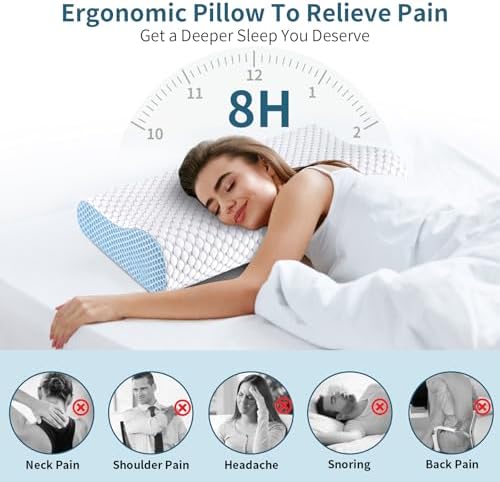 Cervical Pillow for Neck Pain Relief, Contour Memory Foam Pillows for Sleeping, Odorless Ergonomic Pillow Adjustable Orthopedic Cooling Pillow Bed Pillow Neck Support for All Sleepers (White & Blue)
