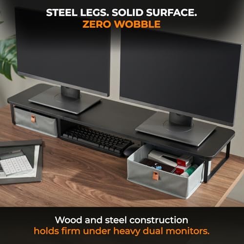 DuoStand Plus - 39” Dual Monitor Riser for Desk with 2 Drawers - Wood & Steel Double Monitor Stand with Storage - Desk Organizer Shelf for Desktop Computer, Laptop, TV & Printer (Matte Black)