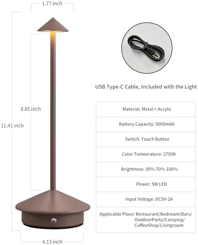 Modern Cordless Table Lamp Set of 2, Brown Portable LED Desk Lamps