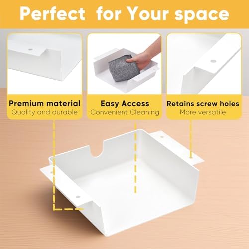 2 Pack Under Desk Hanging Shelf Drawer Organizer, Attachable Plastic Hidden Storage Tray, Easy Adhesive Mount Holder for Standing Tables, Office, Counters, Cabinets, Workstations - White