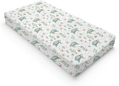 Watercolor Sea Turtle Starfish Fishes Pattern Baby Changing Pad Cover, Unisex Ocean Animals Nursery Diaper Changing Table Pad Mat Sheet for Boys Girls-16x32