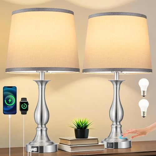 Bedside Table Lamp Touch Control Bedroom Lamps with USB A + C Charging Port 3 Way Dimmable Touch Lamps for Nightstand Living Room Bedroom Dorm Home Office Reading, Set of 2 (Grey Shade & Nickel Base)