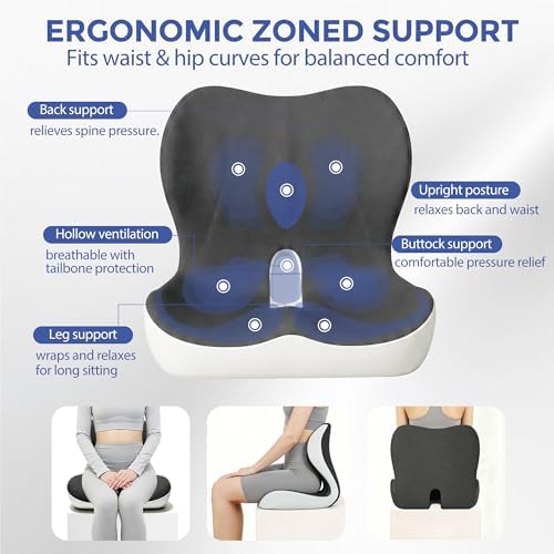 Seat Cushion for Office Chair and Car, Ergonomic Memory Foam Seat Cushion with Lumbar Support Pillow, Orthopedic Cushion for Sciatica & Back Pain, Dark Gray & Light Gray