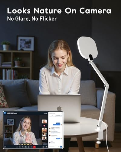 LitONES Led Desk Lamp with Clamp, 2000LM Dimmable Home Office Desktop Light, 3000k-6500k Adjustable Swing Arm Ring Light for Video Conference, Study, Reading, Zoom Calls, Streaming (White)