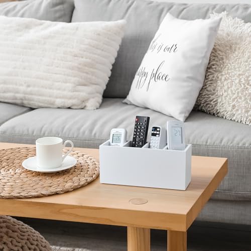 Bivvclaz Pencil Pen Holder for Desk, Wooden Office Desk Organizers and Accessories with 4 Slots for Countertop, Makeup Brush Holder Organizer for Bathroom Vanity, Silverware Caddy for Party, White