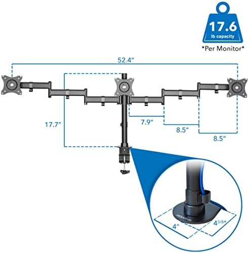 Mount-It! Triple Monitor Mount 3 Screen Desk Stand for LCD Computer Monitors for 19 20 22 23 24 27 Inch Monitors VESA 75 and 100 Compatible Full Motion, 54 lbs Capacity (MI-1753),Black