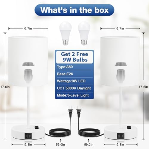 17.6" White Touch Lamps for Bedroom Set of 2 - Dimmable, USB C+A, AC Outlet