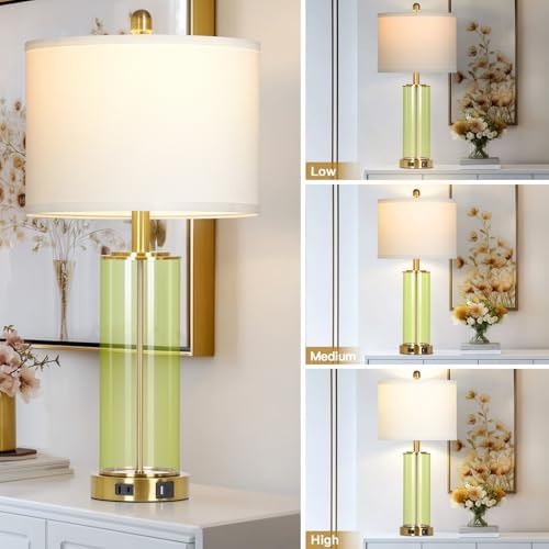 Ruzectt 26" Green Glass Table Lamps for Bedside, Modern Living Room Lamps Set of 2, Elegant Coastal Bedroom Lamp with USB A+C Ports & AC Outlet, 3-Way Dimmable Touch Lamp for Nightstand Dining Table