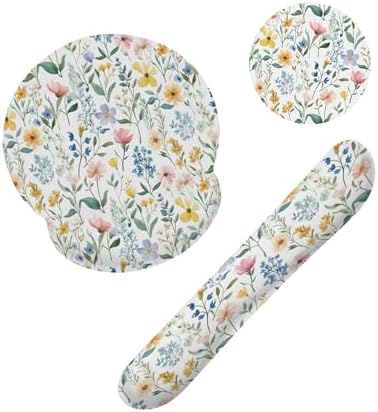 Wildflowers Leaves Mouse Pad with Wrist Rest and Keyboard Wrist Rest Set, Spring Colorful Flowers Non-Slip Rubber Base Memory Foam Mouse Pad Set for Women, Office Desk Accessories, Gaming