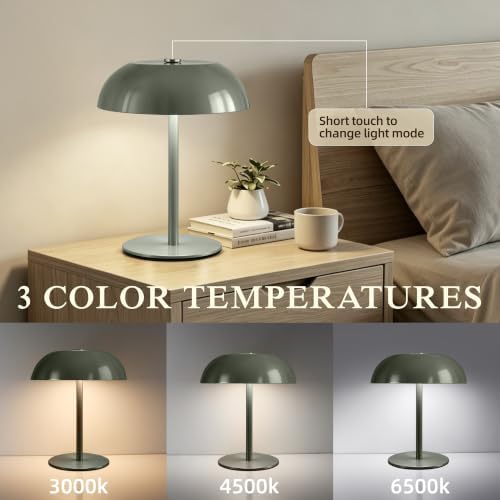 2 Pack Portable LED Mushroom Table Lamp, 12H Cordless Metal Night Light with Rechargeable Battery, Stepless Dimmable 3 Colors Desk Lamp for Bedroom Bar Coffee Shop(Green)