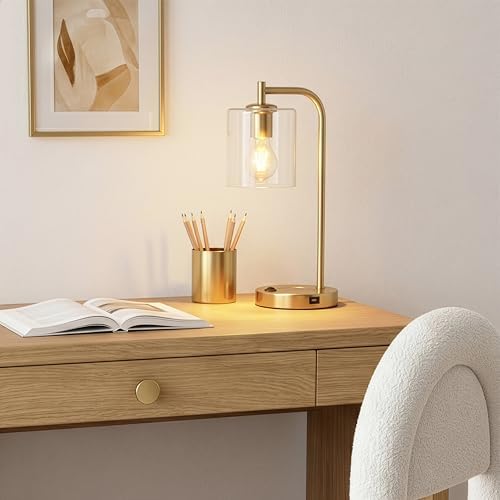 Brightech Elizabeth Table Lamp with Wireless Charging Pad and USB Port, Bedside Reading Lamp, Vintage Brass Gold Desk Lamp, Nightstand Lamp with LED Bulb for Bedroom, Living Room, Office