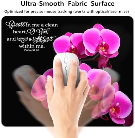 9.5x7.9 Inch Office/Gaming Mouse Pad, Create in Me a Clean Heart Christian Bible Verse Scripture, Vibrant Pink Orchids with Inspirational Quote Cute Anti-Slip Mat for Desk