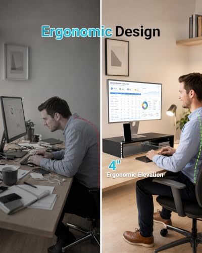 1home Ergonomic Monitor Stand Riser, 21.3 Inch Wood Desktop Stand with Cellphone Holder and Cable Management, Black