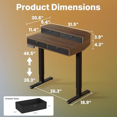 HUANUO 32 x 20 Inch Electric Standing Desk with 4 Drawers, Walnut