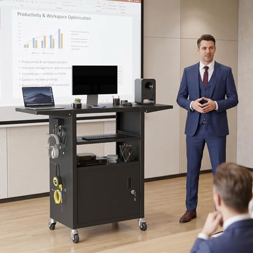 Mobile AV Cart with Pullout Keyboard Tray, Rolling Computer Cart Height Adjustable Rolling Media Utility Cart with 4 Wheels