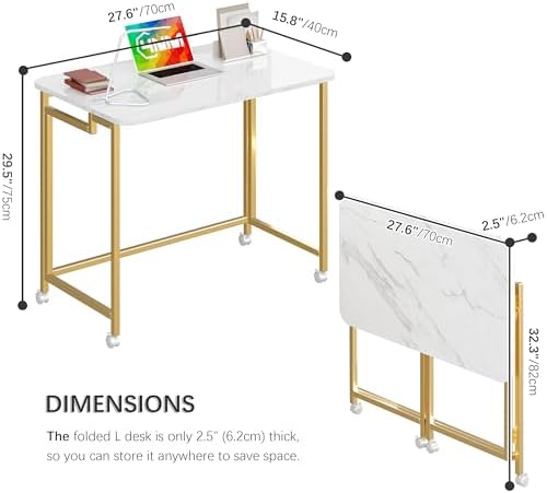4NM 27.5" Mobile Small Rolling Computer Desk, Folding Laptop Cart Table with Wheels, Portable Office Desk for Small Space Couch Bed - White and Golden