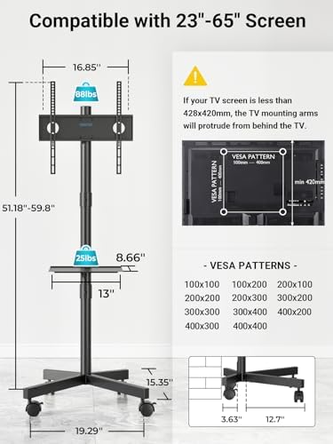 BONTEC Rolling TV Stand for 23-65 Inch TVs,Mobile TV Cart with Wheels,Black