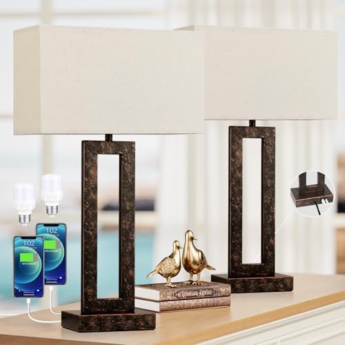 Seealle 22" Tall Living Room Lamps for Night Stands - Touch Bedside Lamp with USB C+A, 3 Way Dimmable Bedroom Lamps for End Tables Set of 2, Modern Night Stand Lamp for Bed Side(Beige&Brown)