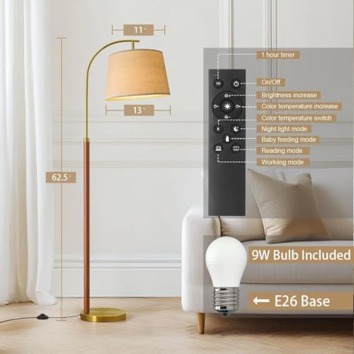 62.5" Gold Floor Lamp for Living Room Dimmable Standing Lamp with Remote