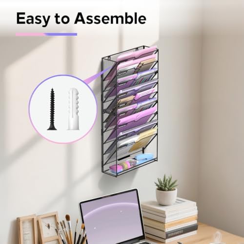 SUPEASY 10-Tier Wall File Organizer with Base, Wall Mounted File Holder
