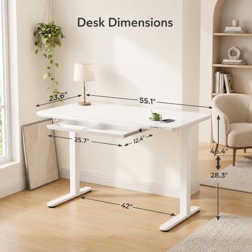 Claiks 55" White Electric Glass Standing Desk Wireless Charging & Drawers