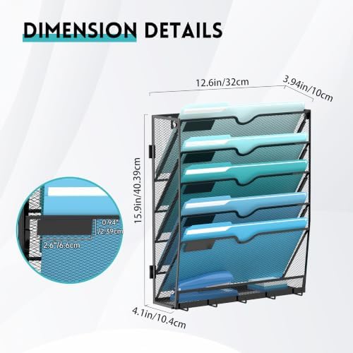 2 Pack 6 Tier Wall File Organizer - Hanging File Organizer with 5 Hooks, Mail Holder Wall Mounted for Papers, Folders, Magazines, Bills, Office&School Organization, Black