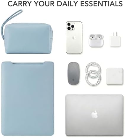 4-in-1 Laptop Sleeve with Stand and Mouse Pad, Faux Leather Protective Case with Accessory Pouch for 13.3-14 Inch Laptops (Sky Blue)